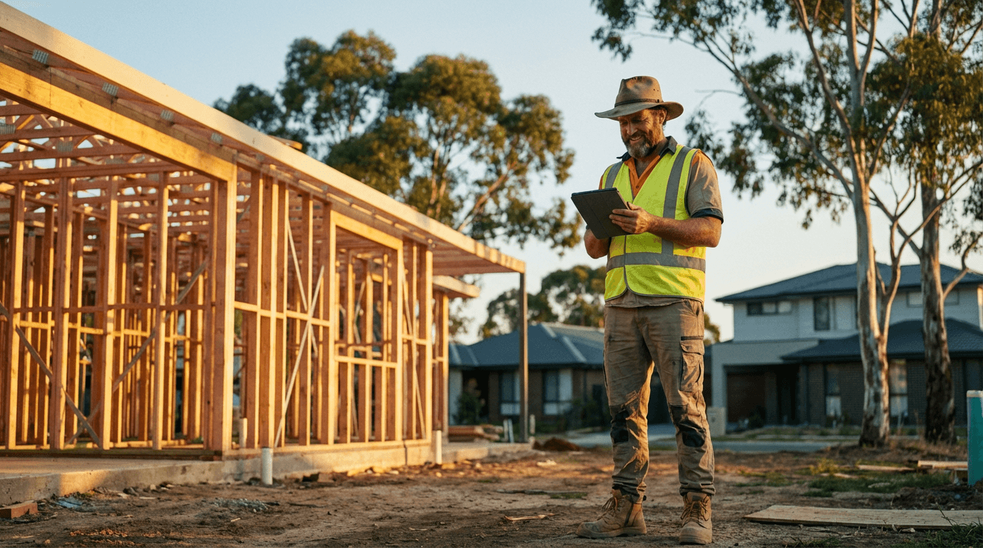 Tradie reviewing a DA guide on a tablet at a residential construction site