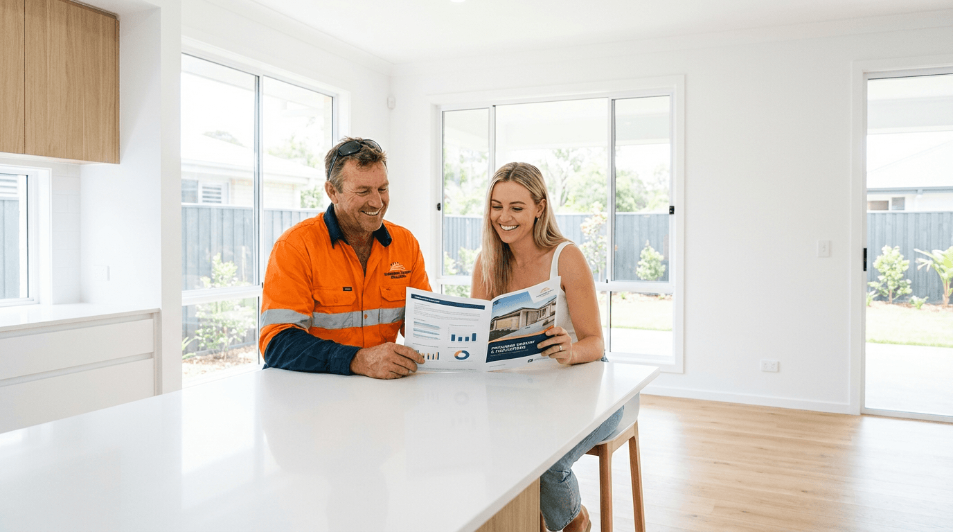 A builder presenting a project report to a homeowner for an outdoor living project